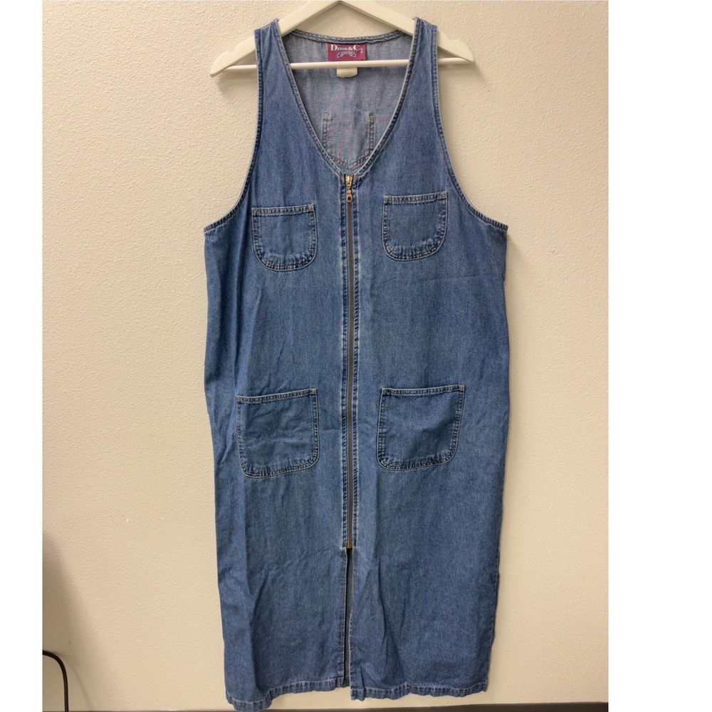 Denim & Co Zip Front Jumper Dress Womens 18 Blue V-Neck Midi 5-Pocket USA Made